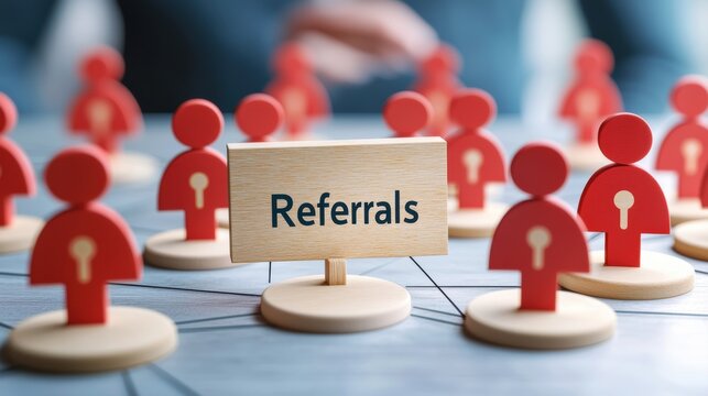 Wooden figures with keyholes represent referrals, emphasizing connections and networking in business or hiring processes, AI HR office activities