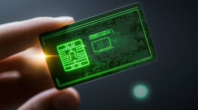 A glowing green digital credit card is held between fingers, symbolizing futuristic payment technology and cybersecurity, AI HR office activities