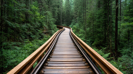 Curved wooden railway tracks meander through lush green forest, creating serene atmosphere