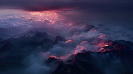 Fototapeta premium Aerial View of City Lights at Sunset Over Foggy Mountains