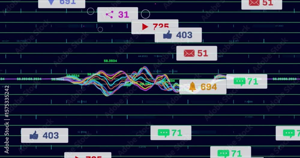 Poster multi color waveforms crossing center on ui causing icon bubbles floating, pulsing live data