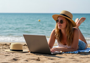 30-year-old european woman working on laptop at beach wearing hat and sunglasses with ocean view