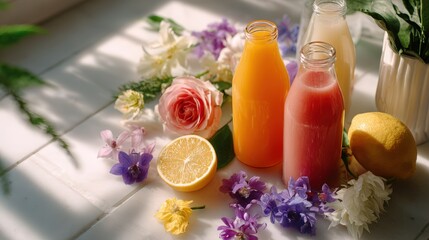 Bright Colorful Fruit Juices with Flowers and Lemons