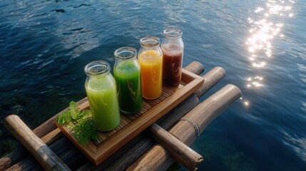Four Colorful Smoothies in Glass Bottles on Bamboo Raft Over Water