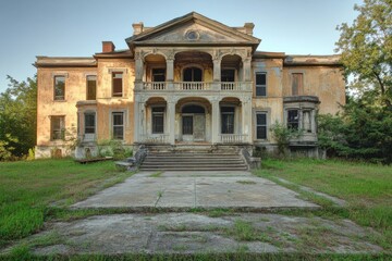 Obraz premium Historic building with grand architectural features and overgrown landscape at dusk, Historic building