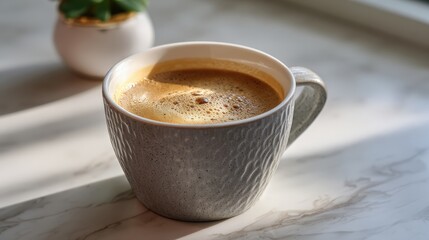 Grey Textured Coffee Mug in Sunlight on Marble Table