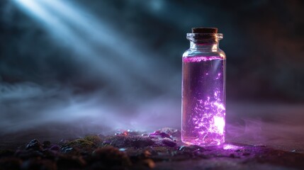 Glowing Purple Potion in Glass Bottle on Dark Background