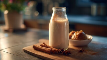 Creamy Spiced Milk Drink with Baked Dessert on Wooden Board