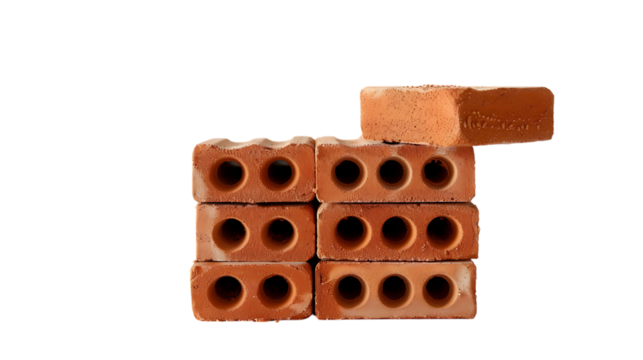 A stack of red clay bricks, isolated on transparent background