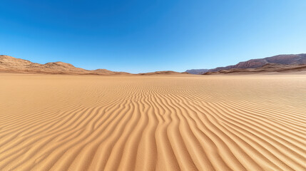 Endless desert landscape with rippling sand dunes under clear blue sky