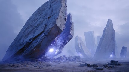 Eerie Blue Stone Formations in a Misty Desert Landscape