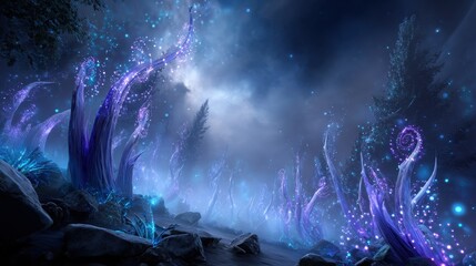 Glowing Purple Plants in a Mystical Forest at Night