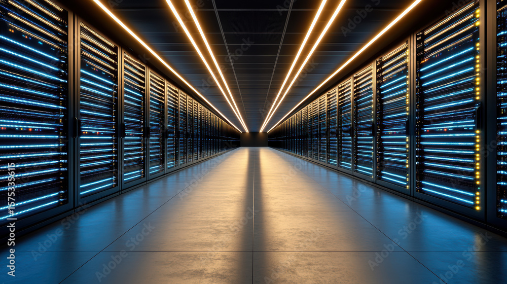 Poster high tech data center with illuminated server racks and futuristic atmosphere
