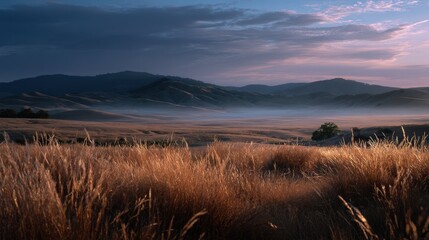 Golden Grass Field at Sunrise with Misty Hills
