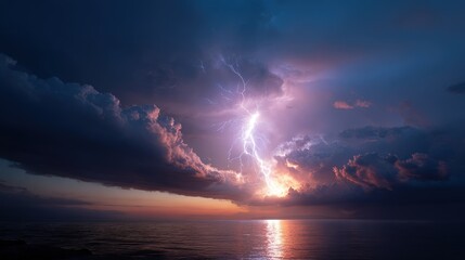 Dramatic Ocean Sunset with Intense Purple Lightning Storm