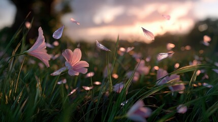 Pink Flowers in Dewy Field at Sunset