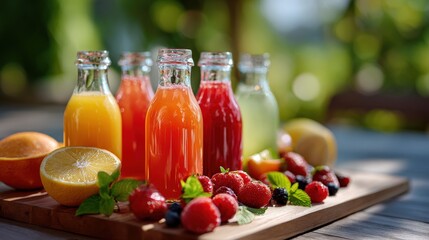 Colorful Fruit Juices in Small Bottles on Wooden Board