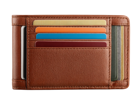 Brown leather wallet with multiple credit cards inside, On Transparent Background, Png