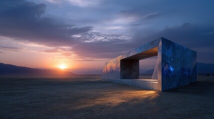 Blue Geometric Structure in Desert at Sunset