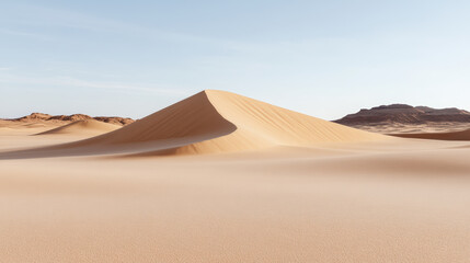 Vast desert landscape features prominent sand dune with smooth, flowing contours clear sky