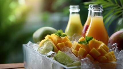 Mango Juice Bottles with Fresh Fruit and Ice