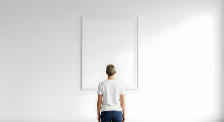 Fototapeta premium Person viewing a large blank canvas on a white wall in a minimalist room.