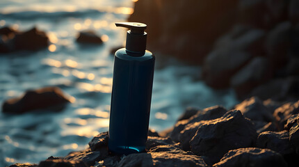 Dark Navy Blue Shampoo Bottle Mockup on Rocks by the Ocean