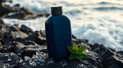 Dark Navy Blue Shampoo Bottle Mockup on Rocks by the Ocean