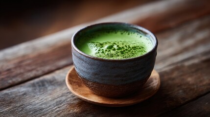 Matcha Green Tea in a Rustic Blue Bowl on Wooden Table