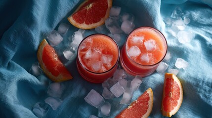 Refreshing Grapefruit Cocktail with Ice on Blue Fabric
