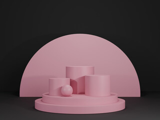 Modern 3D illustration of a geometric display podium with black and pink colors. Featuring simple cylindrical shapes on a circular platform.