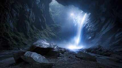 Mysterious Blue Waterfall in Dark Cave