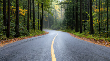 Fototapeta premium Curving road surrounded by tall trees and autumn foliage, creating serene atmosphere