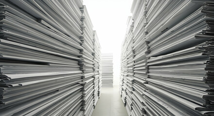 Obraz premium Massive Stacks of Paper Documents Archive Records Storage Information Overload Data Management Business Office Files Paperwork White Background