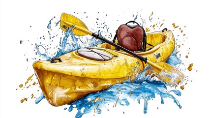 Yellow Kayak Adventure Water Sports Illustration