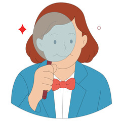 Woman Holding Magnifying Glass Looking at Her Face Self Discovery and Identity Concept Vector. Woman Examining Herself Through Magnifying Glass Self Analysis and Personality Search Vector Design.