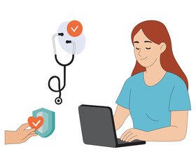 Woman Using Laptop with Stethoscope and Health Shield Icon Digital Healthcare Concept Vector. Flat Design Woman Working Online with Medical Symbols Telemedicine and Health Security Illustration.