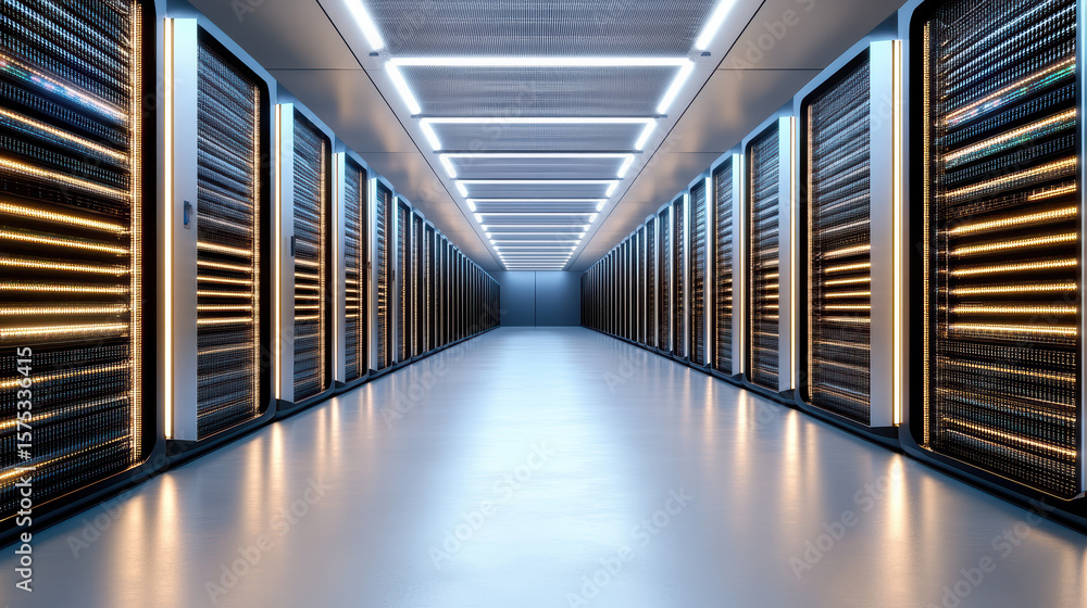 Poster futuristic hallway with illuminated server racks creating high tech atmosphere