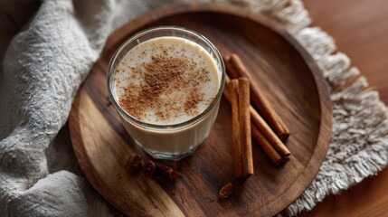 Creamy Spiced Drink with Cinnamon Sticks on Wooden Tray