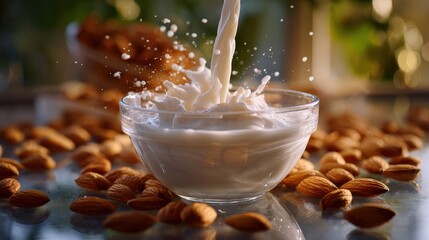 Pouring Almond Milk into Glass Bowl with Almonds