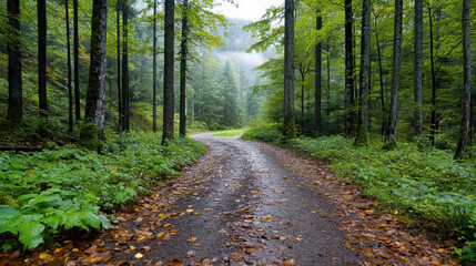 Gentle morning fog over empty trail in thick forest creates serene atmosphere