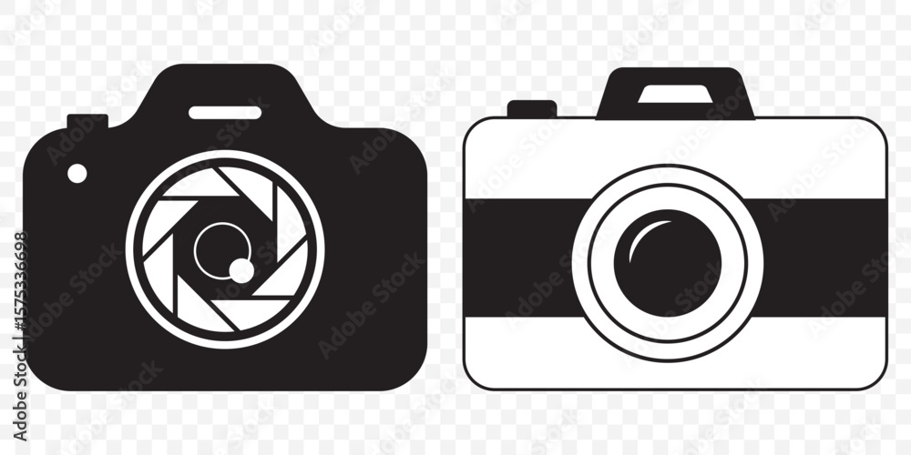 Poster Camera icons set in black filled and stroke line style on Transparent Background. EPS 10.