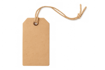 Minimalist light brown cardboard tag dangling string, floating against transparent surface