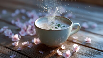 Steaming Cup of Tea or Coffee with Cherry Blossoms on Wooden Table