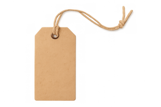 Minimalist light brown cardboard tag dangling string, floating against transparent surface