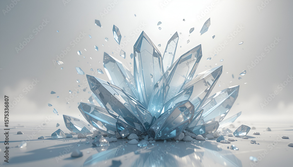 Poster shining cluster of blue crystals with sharp edges on a white surface, creating a modern and elegant 