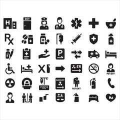 set of icon 
Hospital signage glyph icon set. Vector pictograms of clinic , nurse, doctor, pharmacy, medication, vaccination, syringe, patient, room, operating, radiology, MRI, black 