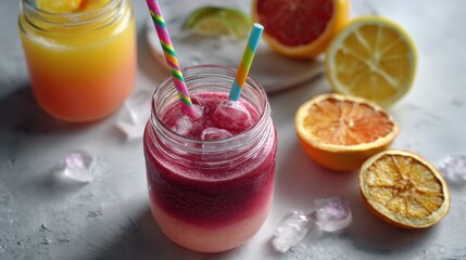Layered Pink And Orange Fruit Smoothie In Glass Jar