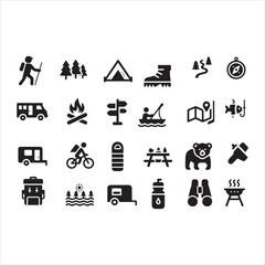 Camping, outdoor adventure icon set. Vector glyph pictograms of eco-tourism, tent, backpack, campfire, compass, kayak, hiking, travel, wilderness exploration silhouette vector icons 