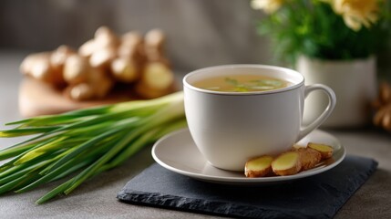 Warm Ginger Tea with Green Onions and Yellow Flowers